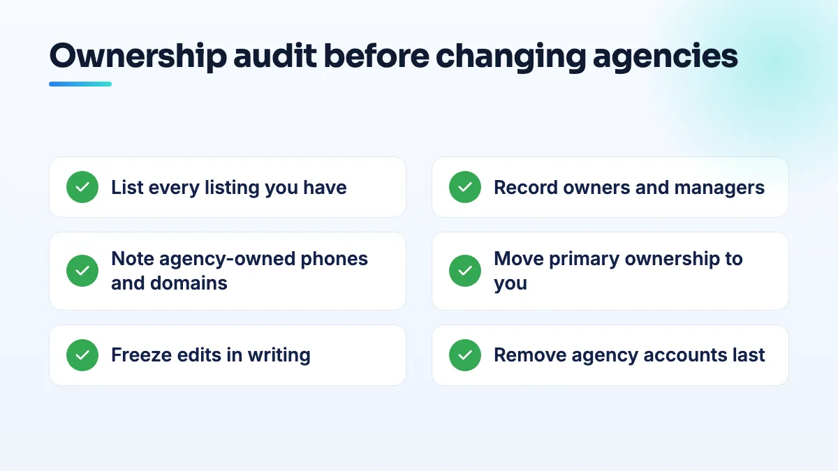 Ownership audit checklist before changing agencies Checklist for auditing Google listing ownership before changing agencies: list every listing, record owners and managers, note agency-owned assets, move primary ownership, freeze edits, remove agency accounts.