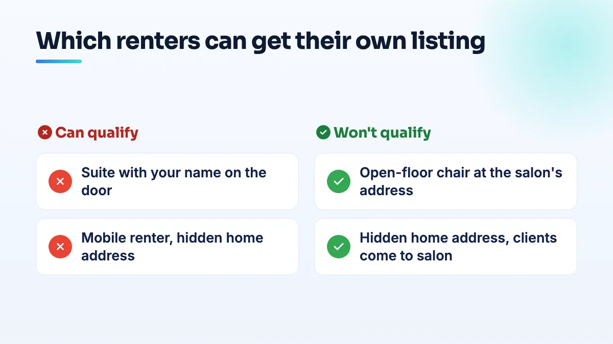 Which booth renter setups can get their own Google listing Comparison of renter setups: a private suite with your name on the door or a mobile service area can get a listing; an open-floor chair or the host's address cannot.