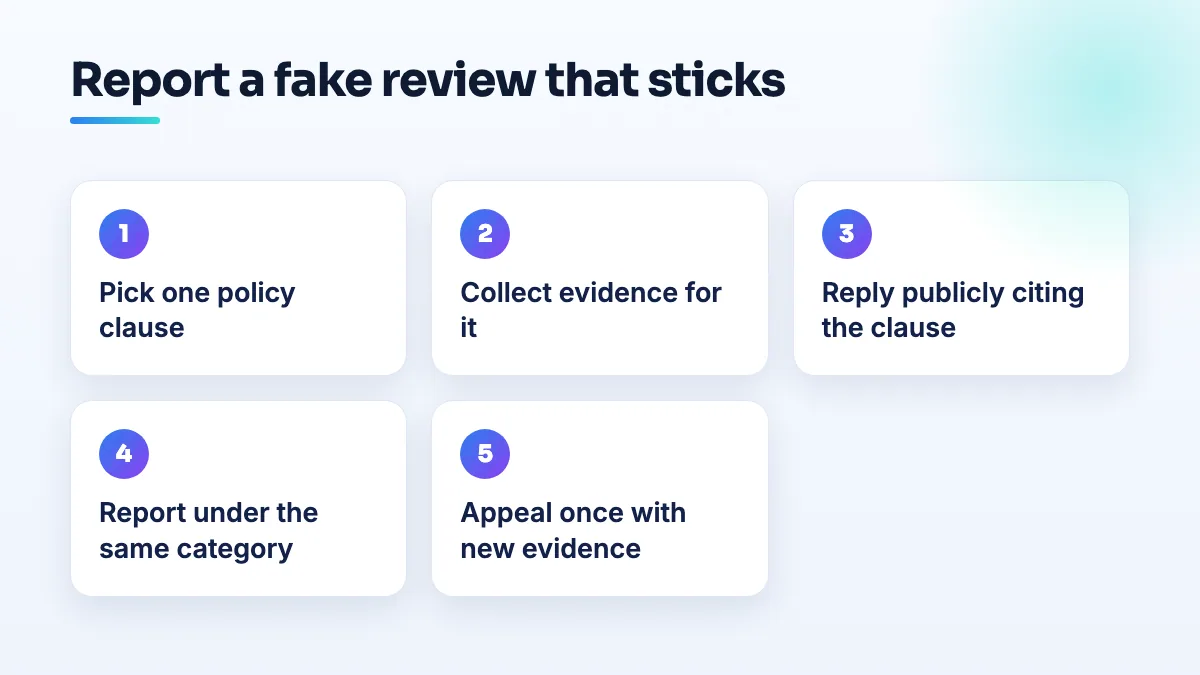 How to get a fake Google review removed by citing the policy Steps to report a fake Google review: pick one policy clause, collect evidence for it, reply publicly citing the clause, report under the same category, then appeal once with new evidence.