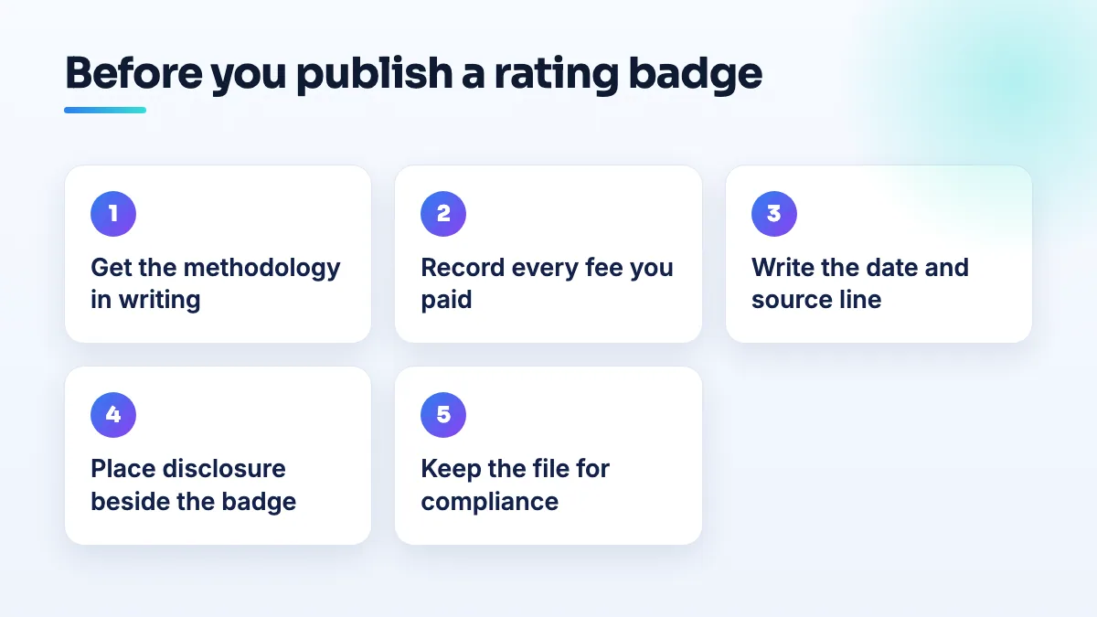 Checking an advisor rating badge before publishing Five steps before an advisor shows a rating badge: get the methodology, record any fee paid, write the date and source disclosure, place it next to the badge, keep the file.