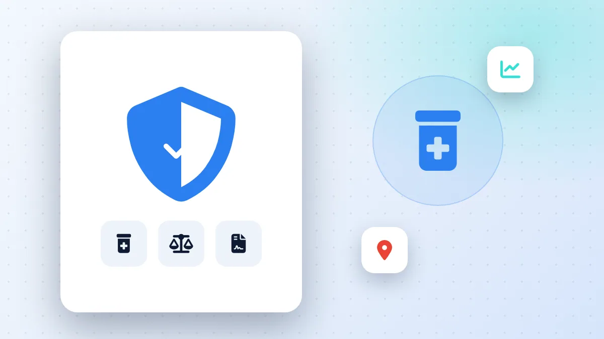 A clinic, a lab and a pharmacy counter side by side with a shield badge above them, representing Google Ads healthcare certification checks