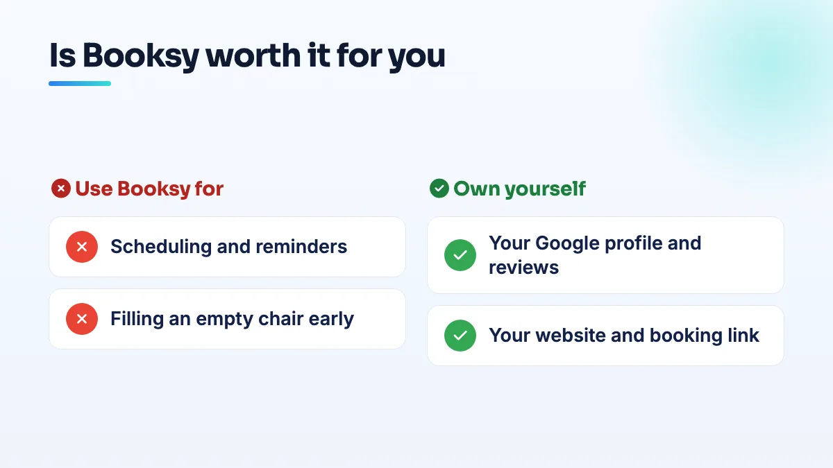 What Booksy is good for and what a barber should own Comparison for barbers: use Booksy for scheduling and filling an empty chair early; own your Google profile, reviews, website and booking link yourself.