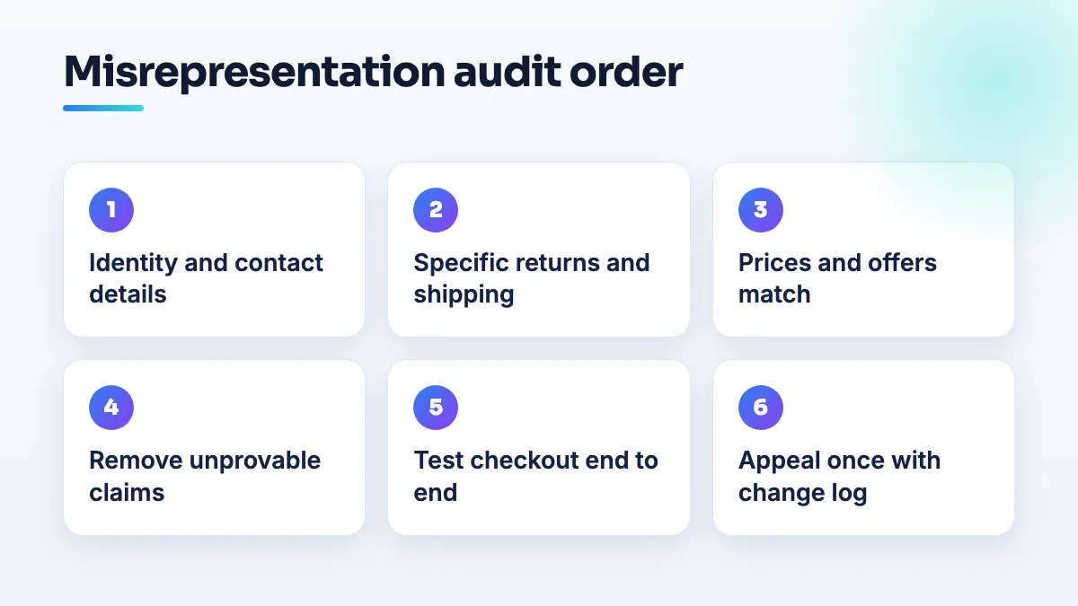 Audit order for a Merchant Center misrepresentation suspension: identity and contact details, store policies, prices and offers, product claims, checkout, then one appeal with a change log.