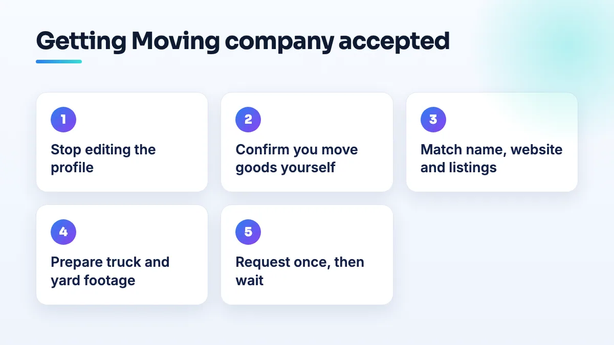 Getting Moving company accepted as a primary category Five steps when Google rejects Moving company as a primary category: stop editing, confirm you move goods yourself, match name and website, prepare truck and yard evidence, request once and wait.
