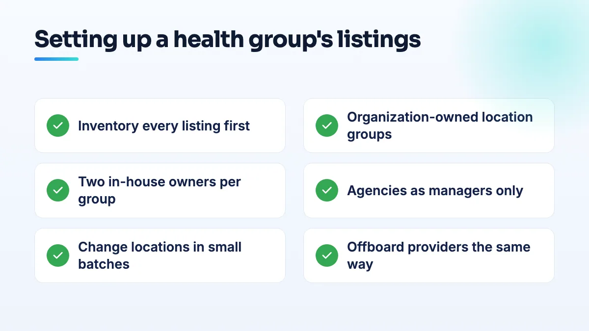 Ownership structure for a multi-location health group Checklist for a health group's Google profiles: an inventory of every listing, organization-owned location groups, two in-house owners, agencies as managers, batched changes and a provider offboarding routine.