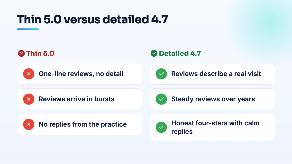 Comparison of review profiles: a thin 5.0 has one-line reviews, bursts and no replies; a detailed 4.7 has specific visits, steady dates, honest four-stars and replies.
