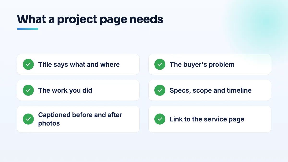 What a project gallery page should include Structure of a project page that sells and ranks: a descriptive title, the buyer's problem, the work done, specs and scope, labeled photos from start to finish, and a link to the matching service page.