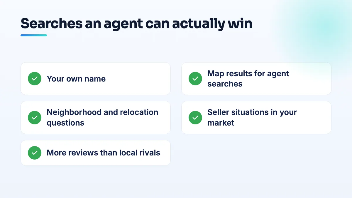 Searches a real estate agent can win against portals Checklist of searches an agent can win when portals own homes for sale results: your own name, map results for agent searches, neighborhood questions, seller situations, and reviews that out-number local rivals.