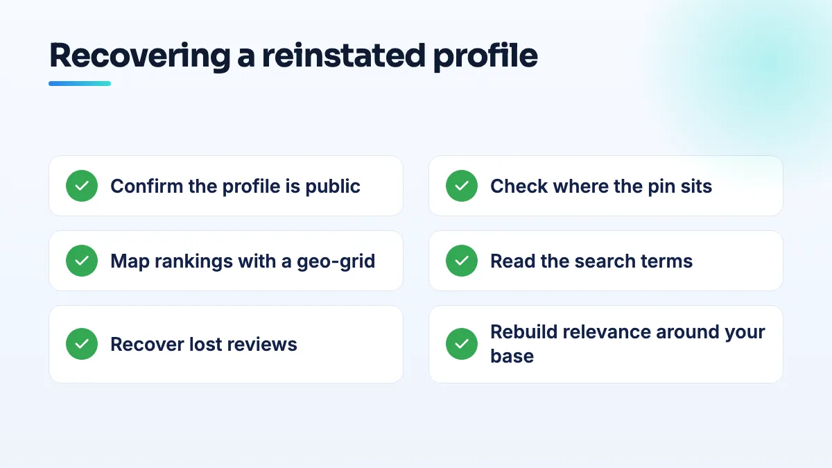 Recovery checklist for a reinstated profile Recovery checklist for a reinstated Google Business Profile: confirm it is public, check the pin location, map rankings with a geo-grid, read search terms, recover reviews, rebuild local relevance.