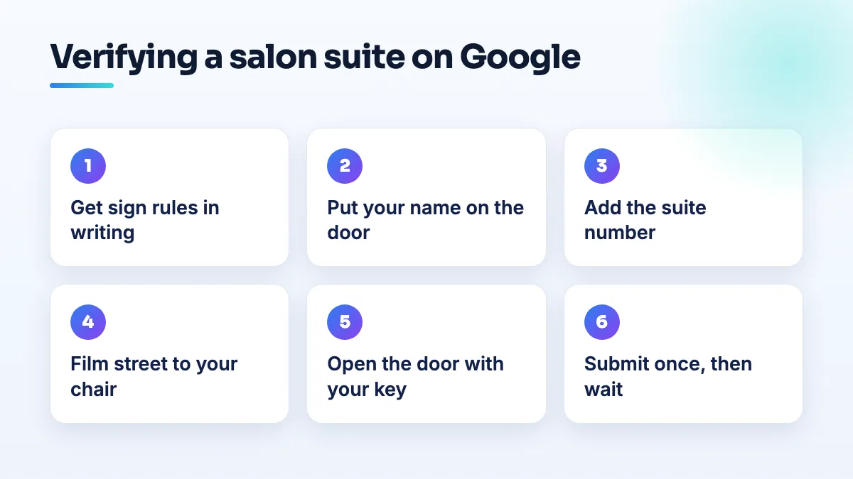 Six steps to verify a salon suite: get the sign rules in writing, put your name on the door, add the suite number, film from the street to your chair, open it with your key, submit once.