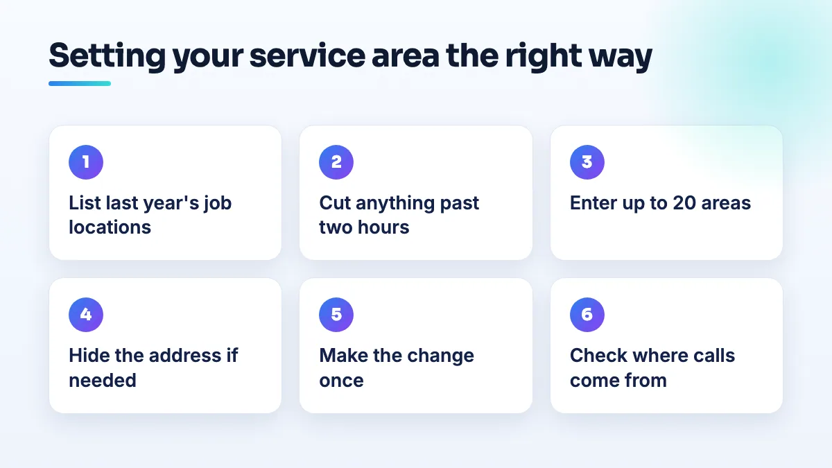 How to set service areas on Google Business Profile Steps for setting service areas on Google Business Profile: list last year's job locations, cut anything past two hours, enter up to 20 areas, hide the address, edit once, check where calls come from.