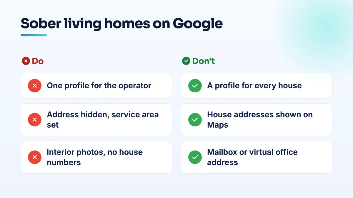 How sober living operators should set up on Google Comparison for sober living operators on Google: one profile with the address hidden and a service area works; a profile per house, visible addresses or house photos with street numbers do not.