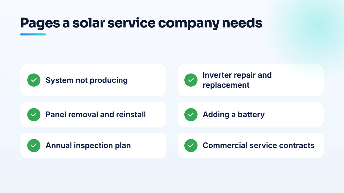 How a solar company gets found for repair, battery and service work Checklist of service pages for a solar repair company: system not producing, inverter repair, removal and reinstall, adding a battery, annual inspections, commercial service contracts.