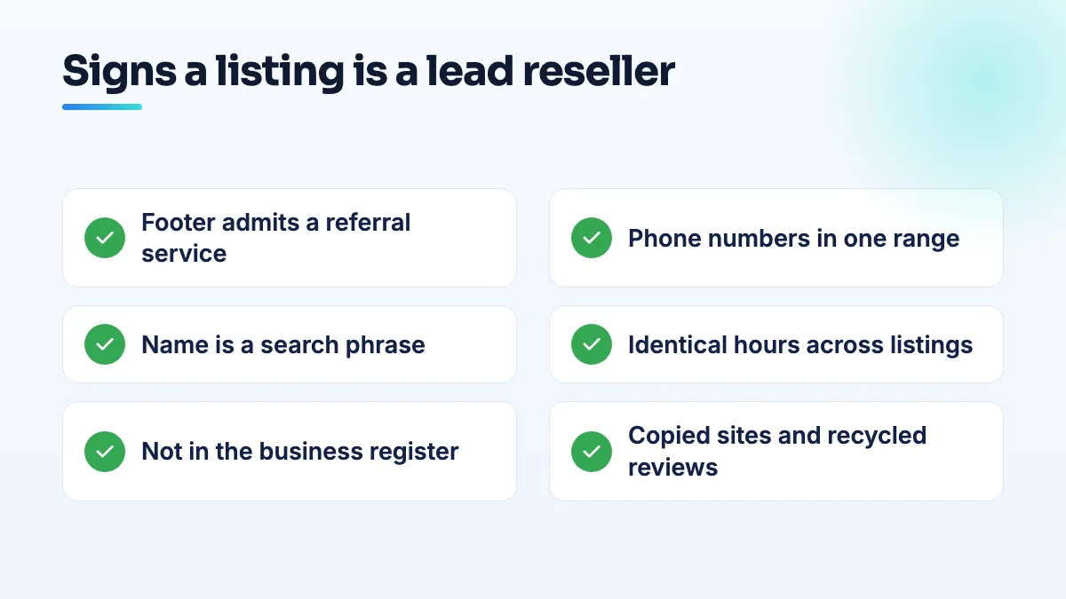 Signs a map pack listing is a lead reseller Checklist of lead reseller listing signs: footer admits a referral service, phone numbers in one range, name is a search phrase, identical hours, not in the business register, copied sites and reviews.