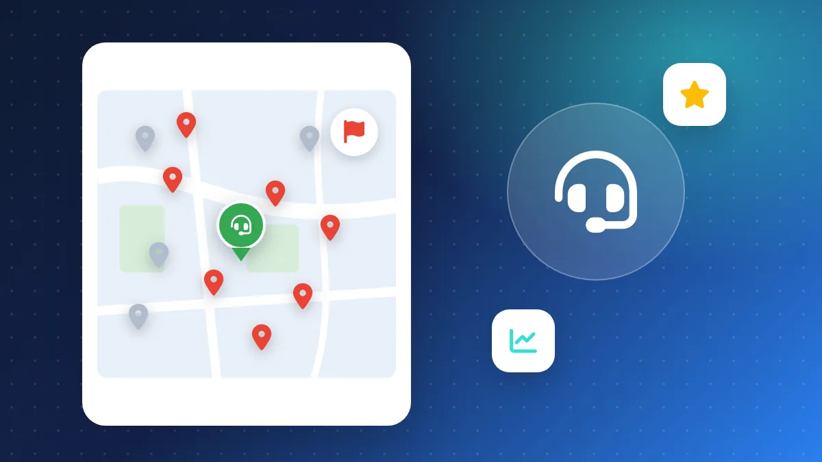 A magnifying glass over map pins that all connect to one call center headset, showing how lead reseller fake Google listings work