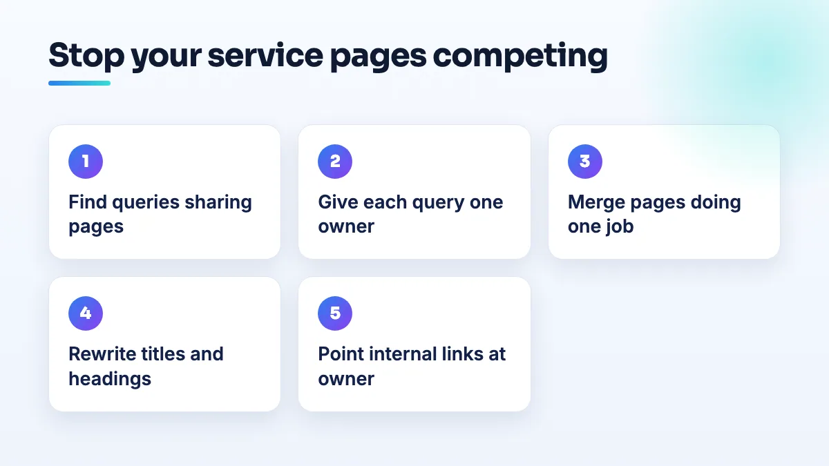How to stop your own service pages competing Five steps to fix keyword cannibalization on service pages: find shared queries, give each page one job, merge true duplicates, rewrite titles and headings, point internal links at the owner.