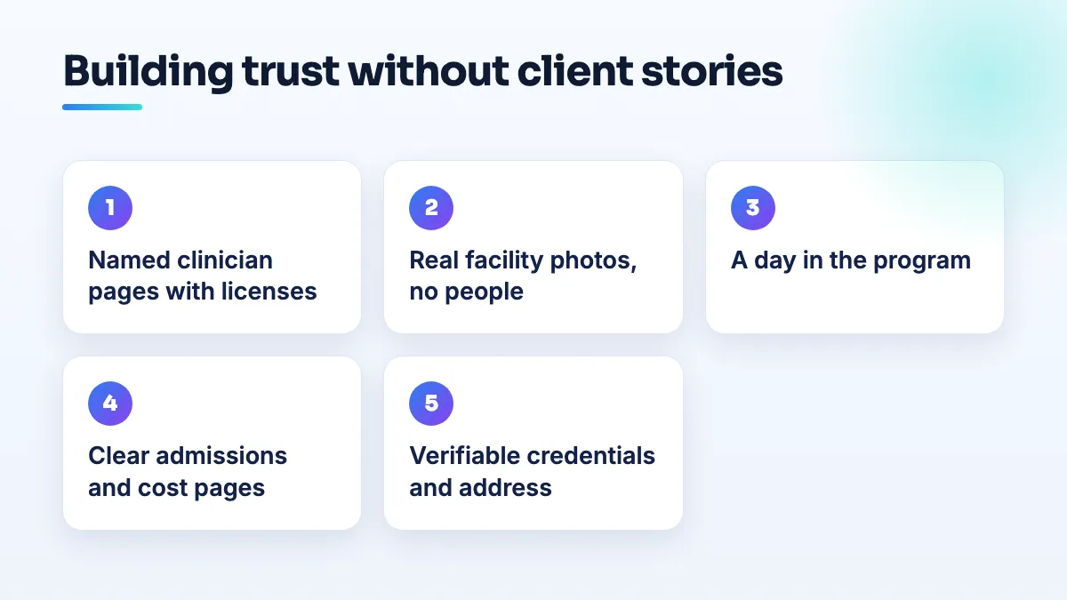 Building trust for a treatment program without testimonials Steps to build trust for a treatment program without testimonials: named staff pages, real facility photos without people, a day in the program, admissions and cost pages, and verifiable credentials.