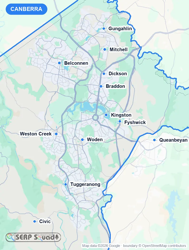 Map of Canberra, Australia, marking the 12 cities where we run local SEO campaigns