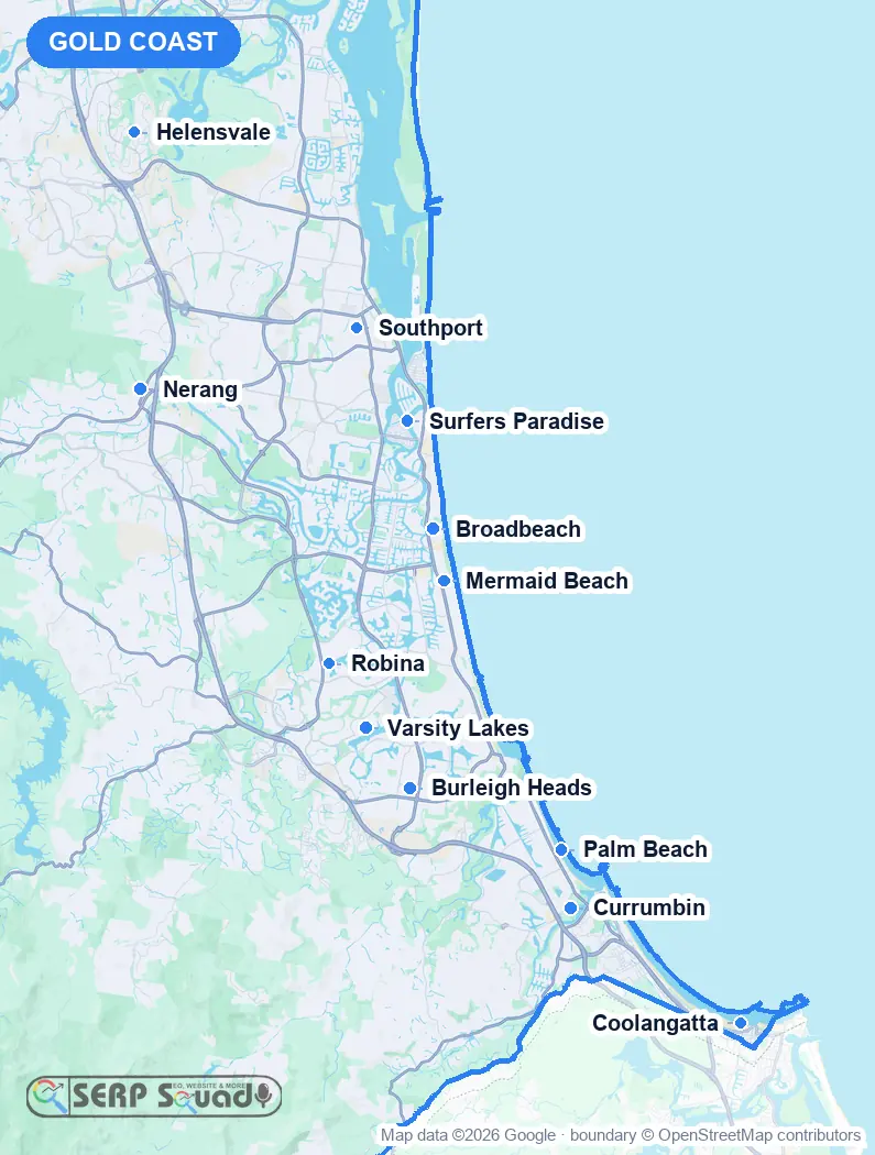 Map of Gold Coast, Australia, marking the 12 cities where we run local SEO campaigns