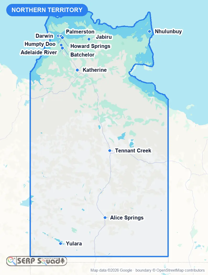 Map of Northern Territory, Australia, marking the 12 cities where we run local SEO campaigns