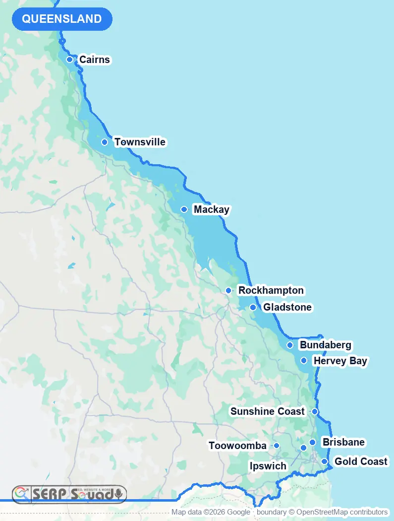 Map of Queensland, Australia, marking the 12 cities where we run local SEO campaigns
