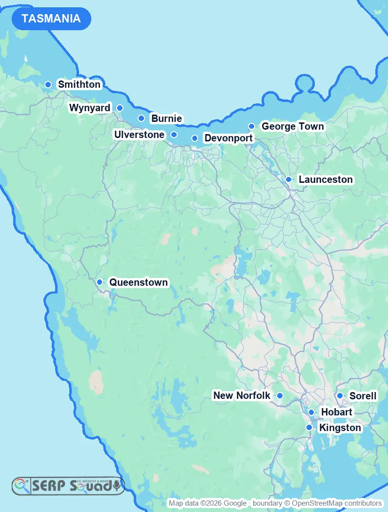 Map of Tasmania, Australia, marking the 12 cities where we run local SEO campaigns