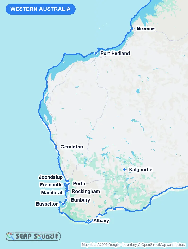 Map of Western Australia, Australia, marking the 12 cities where we run local SEO campaigns