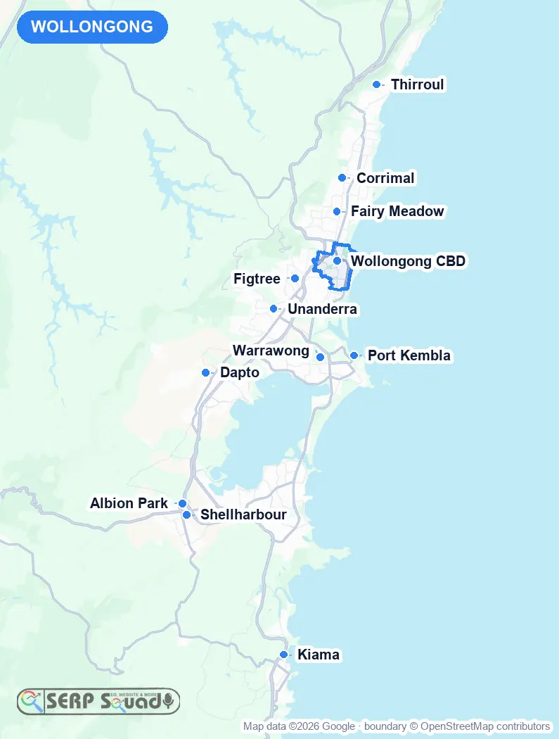 Map of Wollongong, Australia, marking the 12 cities where we run local SEO campaigns