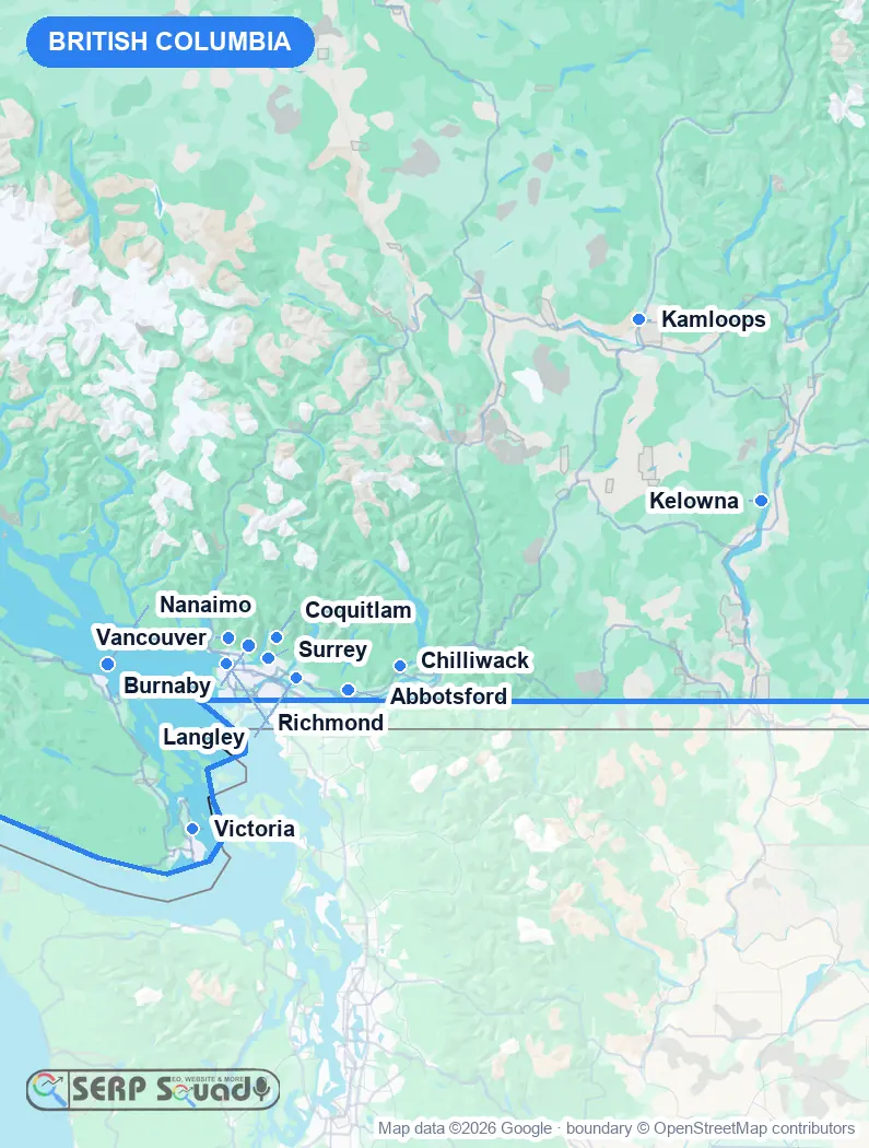 Map of British Columbia, Canada, marking the 12 cities where we run local SEO campaigns