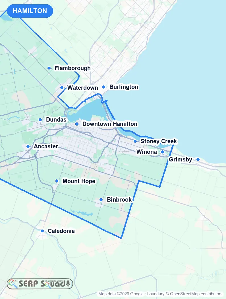 Map of Hamilton, Canada, marking the 12 cities where we run local SEO campaigns