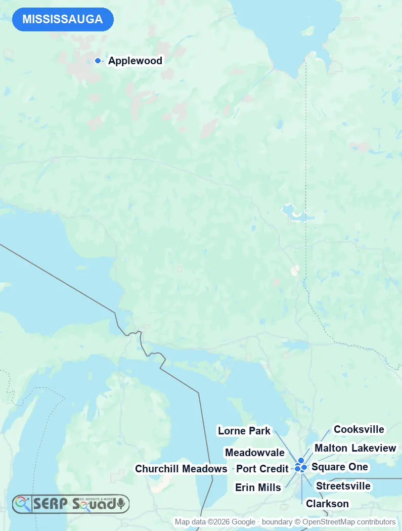 Map of Mississauga, Canada, marking the 12 cities where we run local SEO campaigns