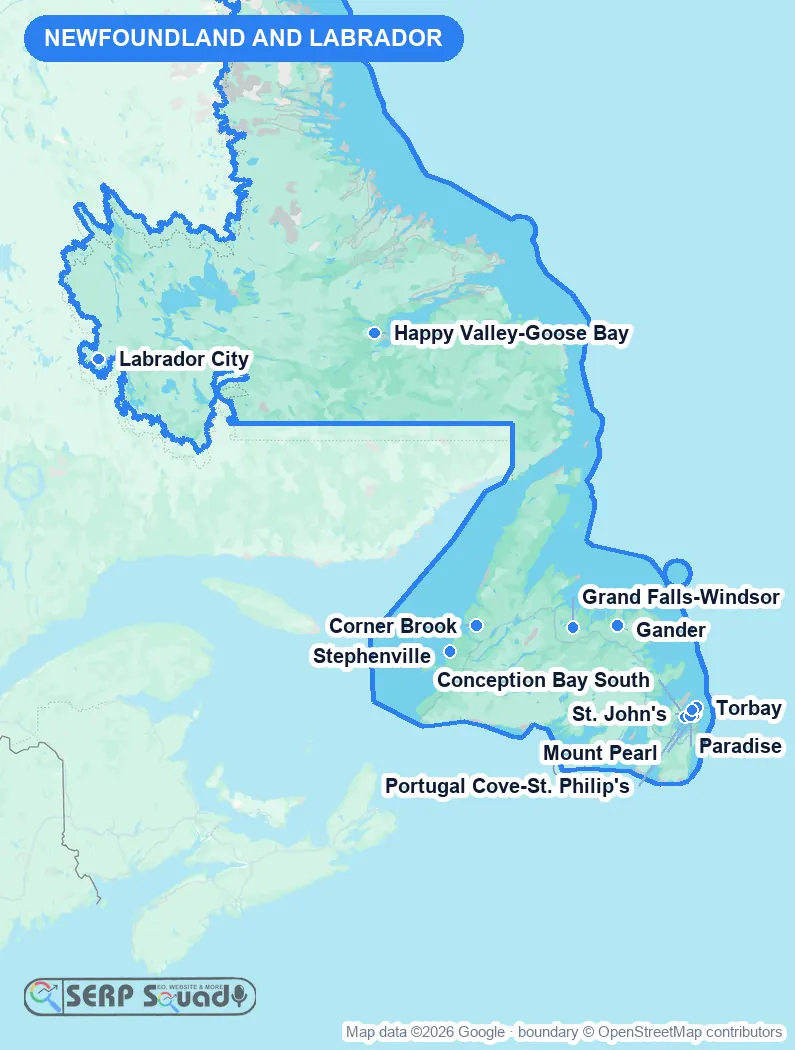 Map of Newfoundland and Labrador, Canada, marking the 12 cities where we run local SEO campaigns