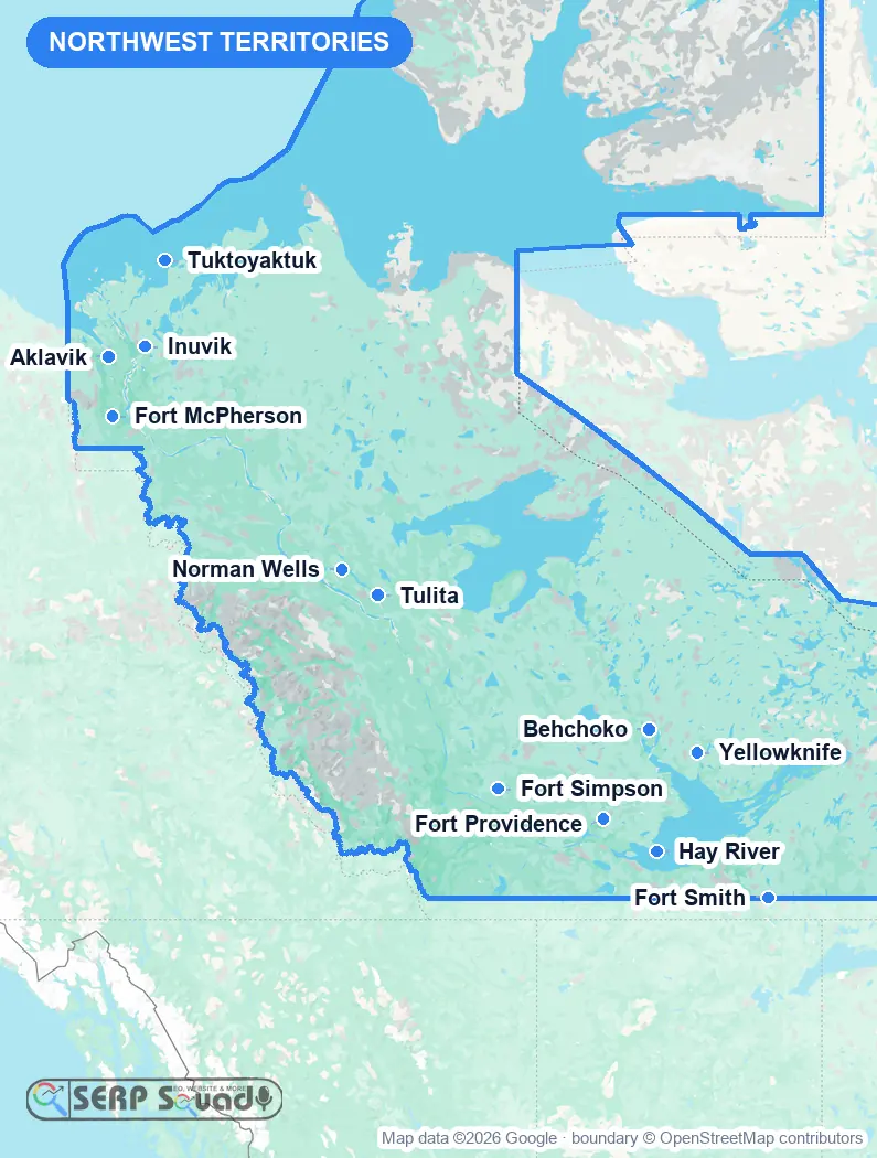 Map of Northwest Territories, Canada, marking the 12 cities where we run local SEO campaigns