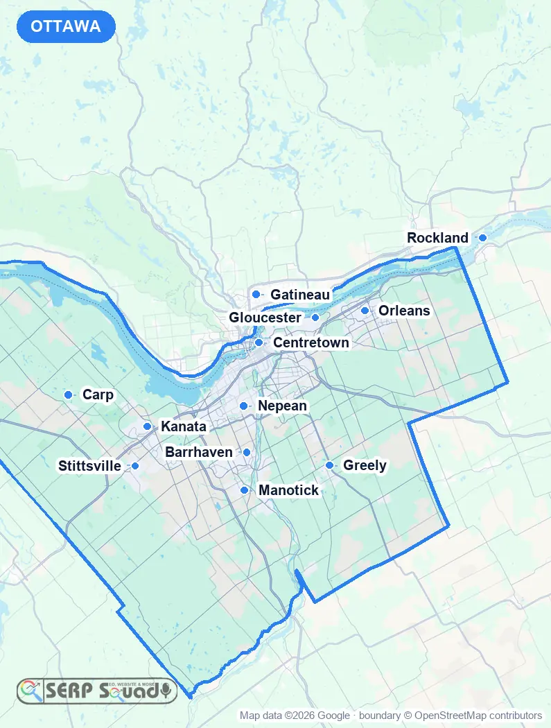 Map of Ottawa, Canada, marking the 12 cities where we run local SEO campaigns