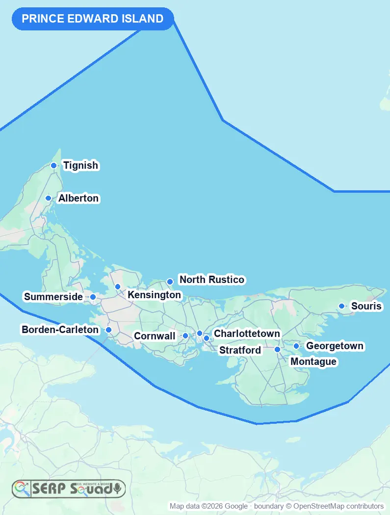 Map of Prince Edward Island, Canada, marking the 12 cities where we run local SEO campaigns