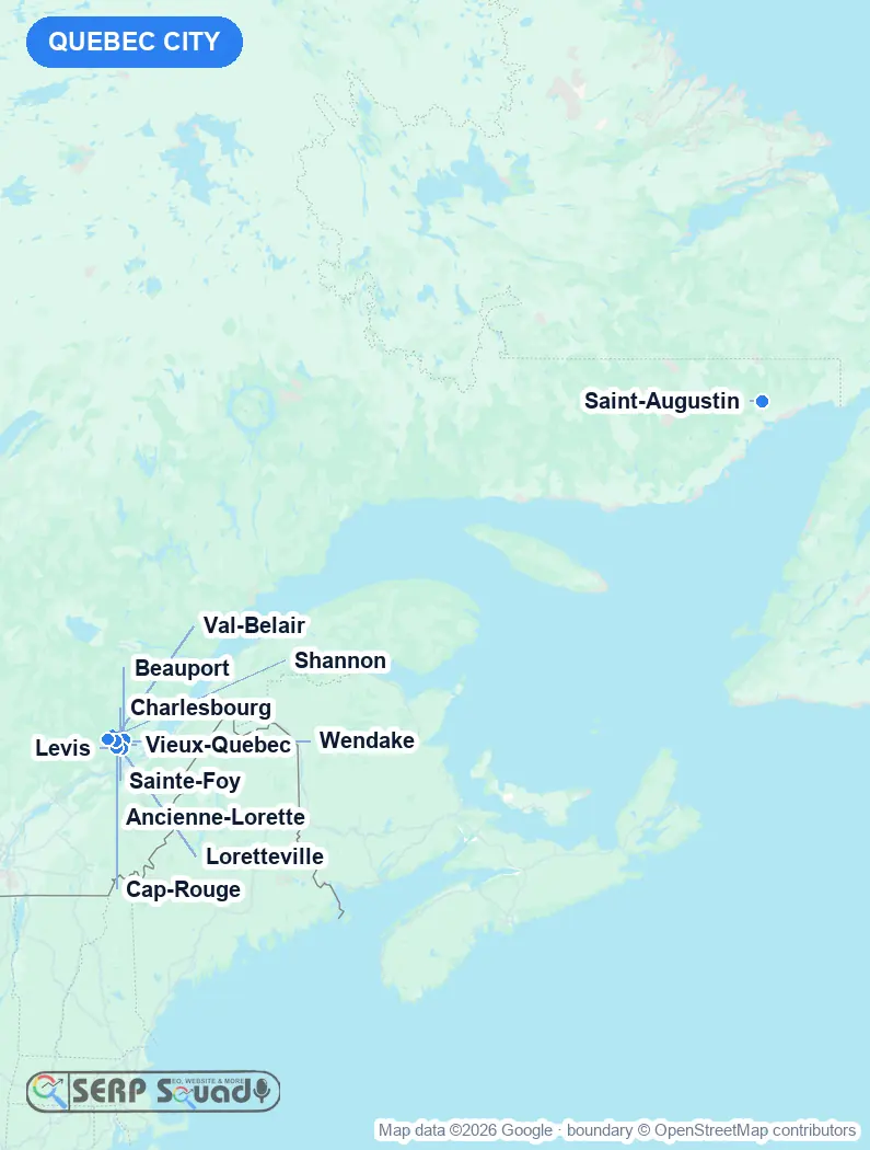 Map of Quebec City, Canada, marking the 12 cities where we run local SEO campaigns