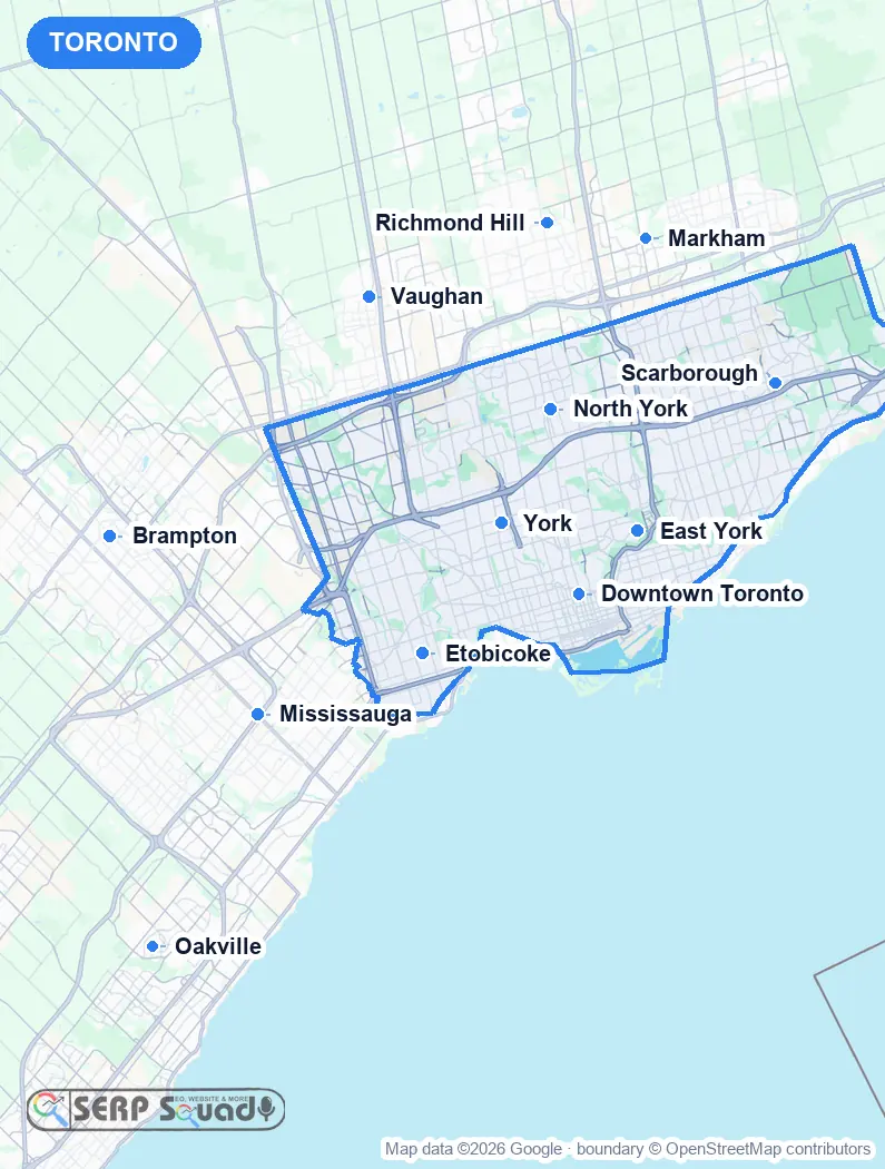 Map of Toronto, Canada, marking the 12 cities where we run local SEO campaigns