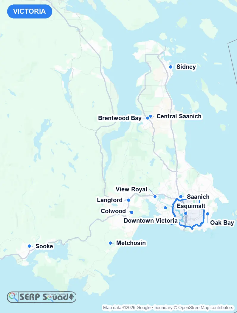 Map of Victoria, Canada, marking the 12 cities where we run local SEO campaigns