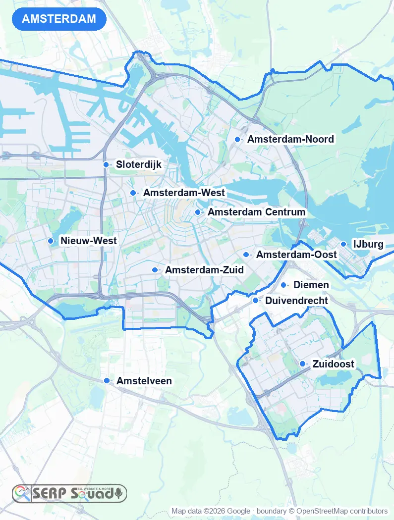 Map of Amsterdam, the Netherlands, marking the 12 cities where we run local SEO campaigns