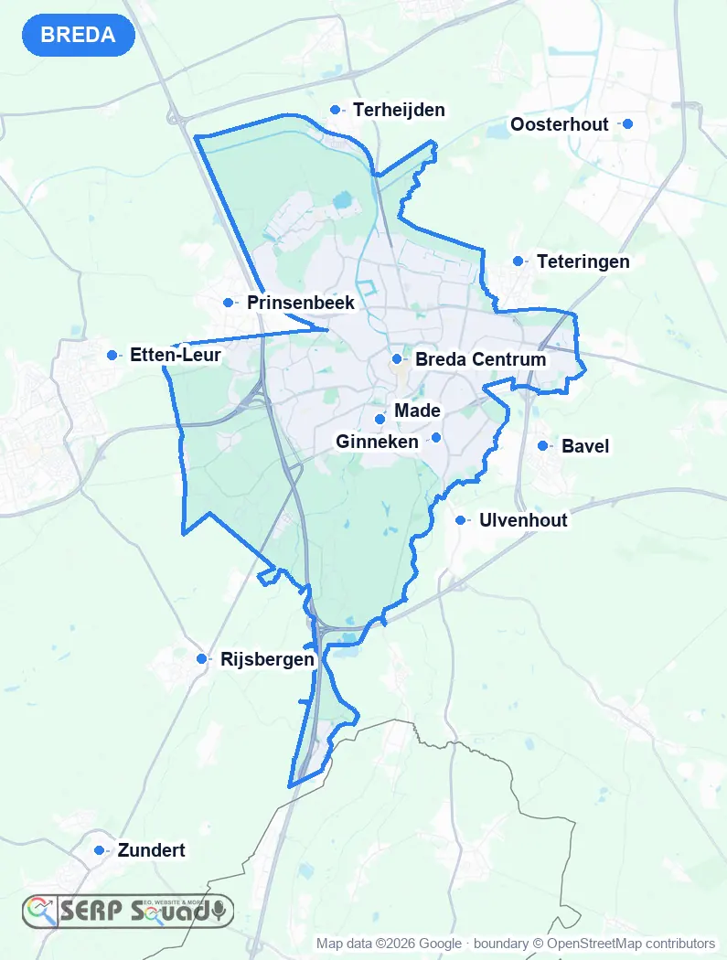 Map of Breda, the Netherlands, marking the 12 cities where we run local SEO campaigns