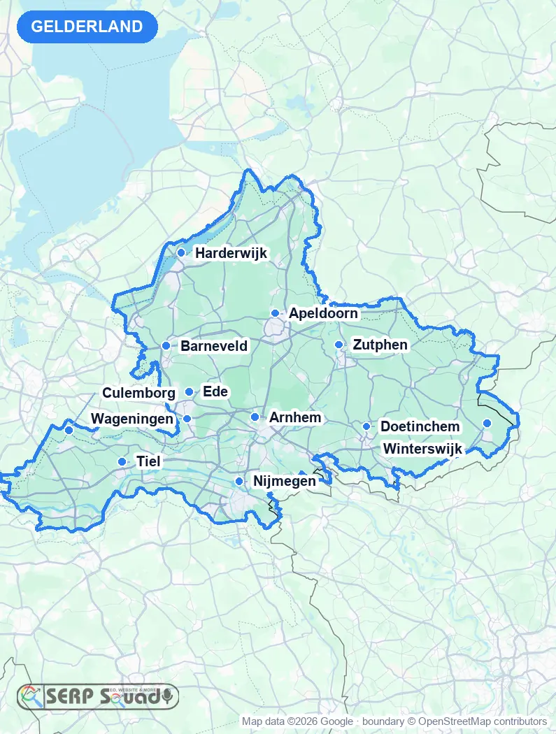 Map of Gelderland, the Netherlands, marking the 12 cities where we run local SEO campaigns