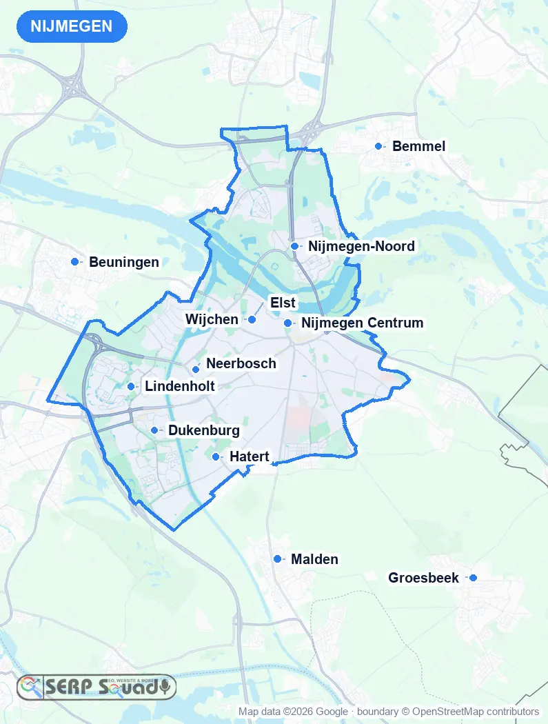 Map of Nijmegen, the Netherlands, marking the 12 cities where we run local SEO campaigns