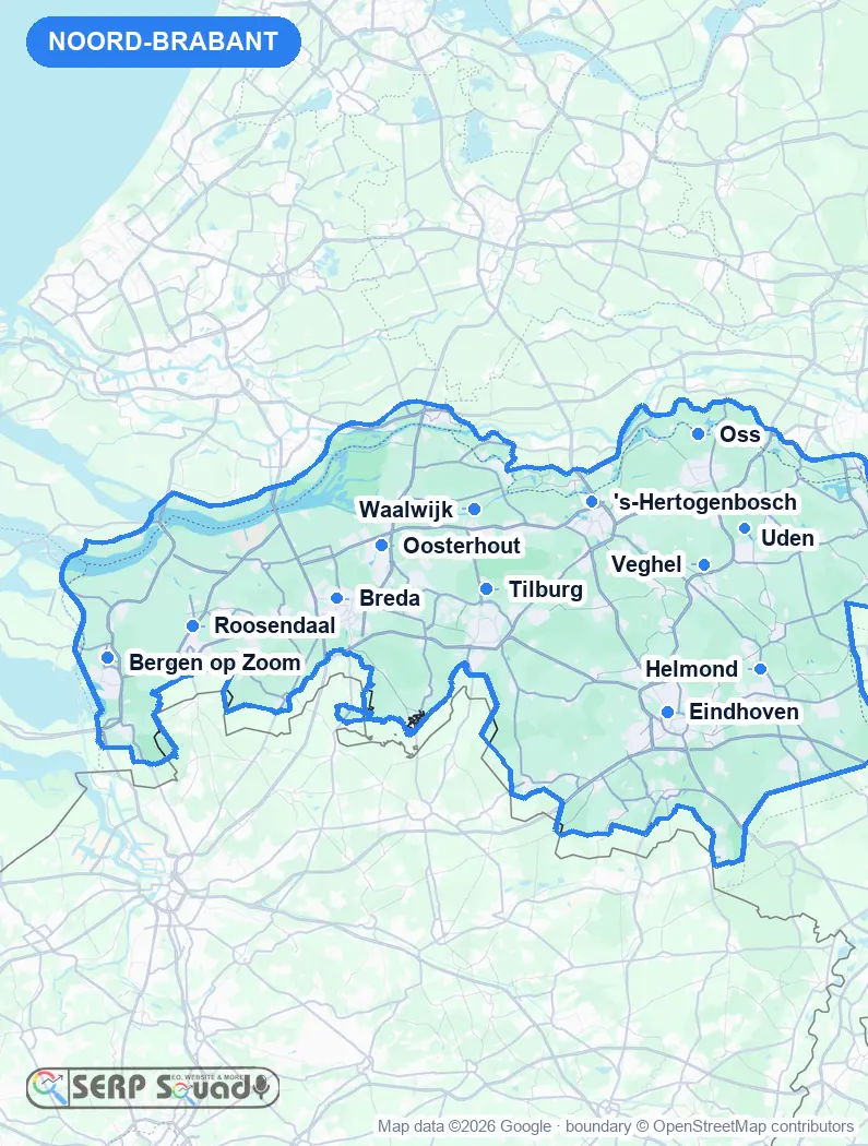 Map of Noord-Brabant, the Netherlands, marking the 12 cities where we run local SEO campaigns