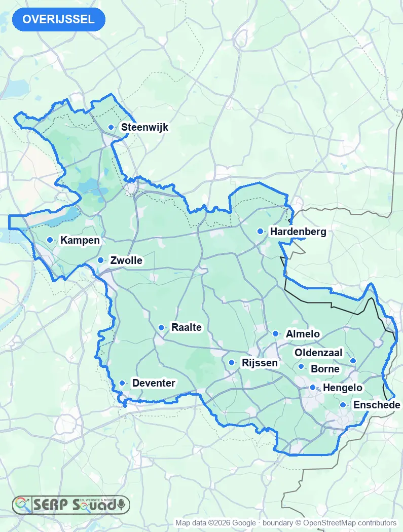Map of Overijssel, the Netherlands, marking the 12 cities where we run local SEO campaigns