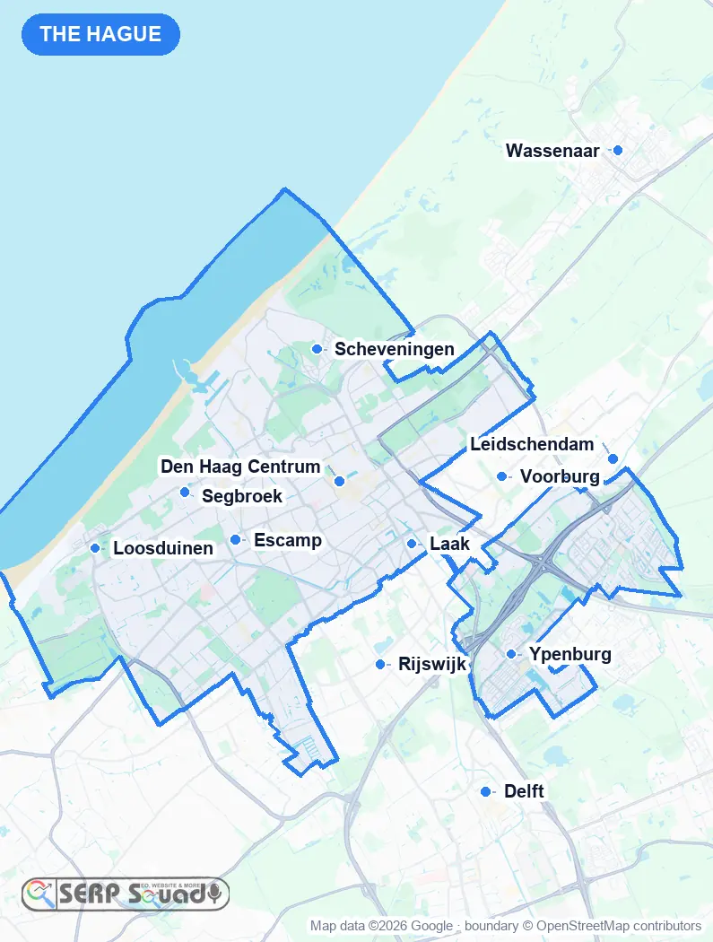 Map of The Hague, the Netherlands, marking the 12 cities where we run local SEO campaigns