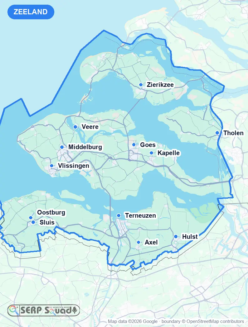 Map of Zeeland, the Netherlands, marking the 12 cities where we run local SEO campaigns