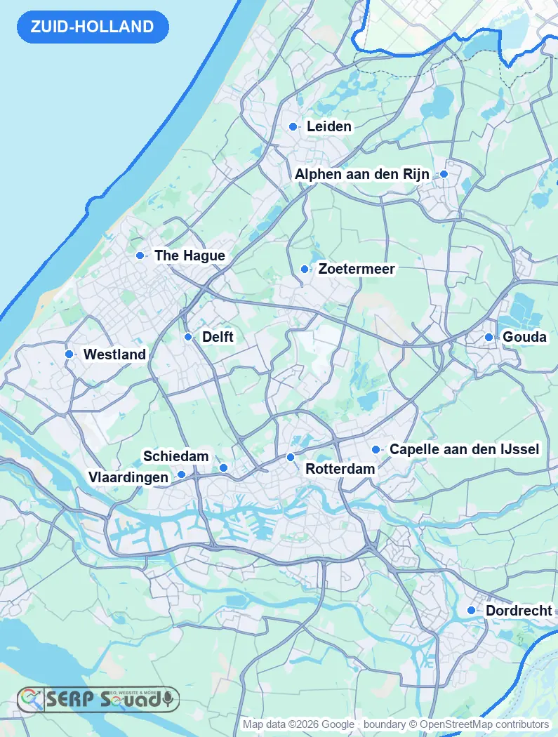 Map of Zuid-Holland, the Netherlands, marking the 12 cities where we run local SEO campaigns