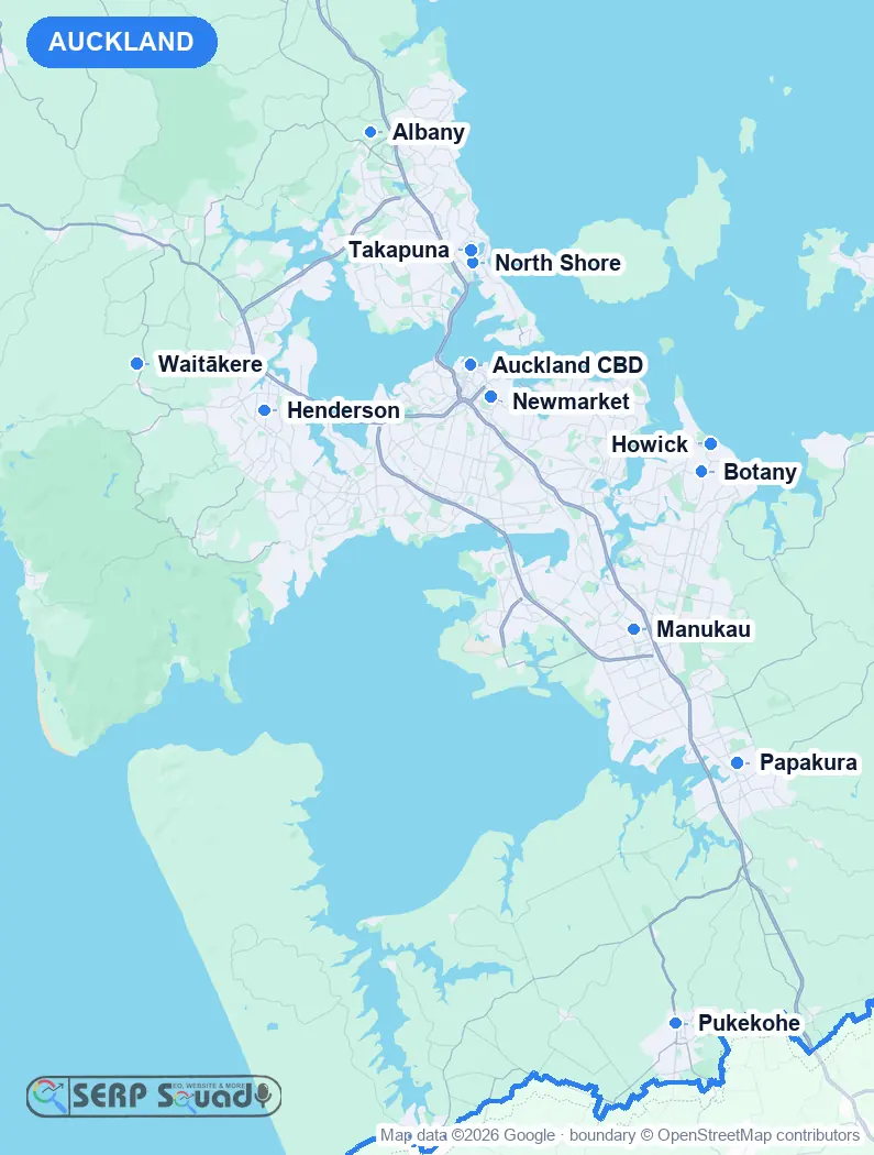 Map of Auckland, New Zealand, marking the 12 cities where we run local SEO campaigns