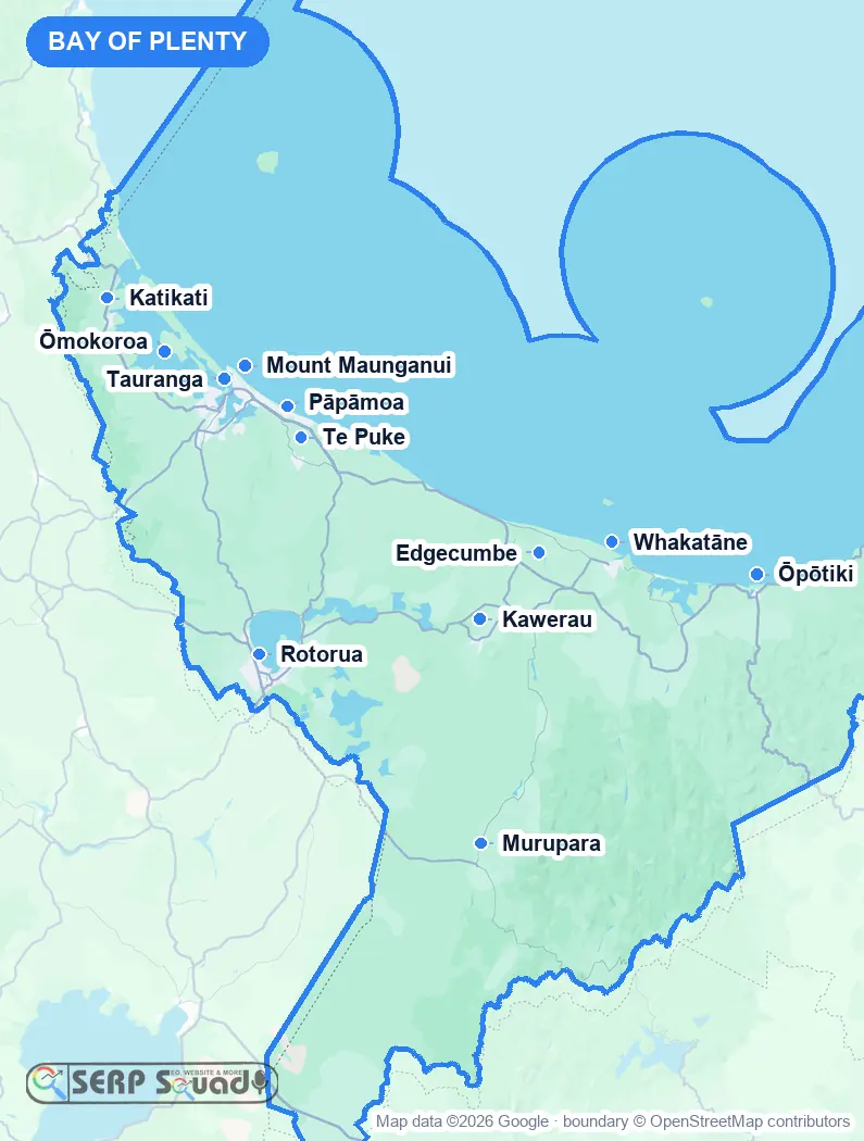 Map of Bay of Plenty, New Zealand, marking the 12 cities where we run local SEO campaigns