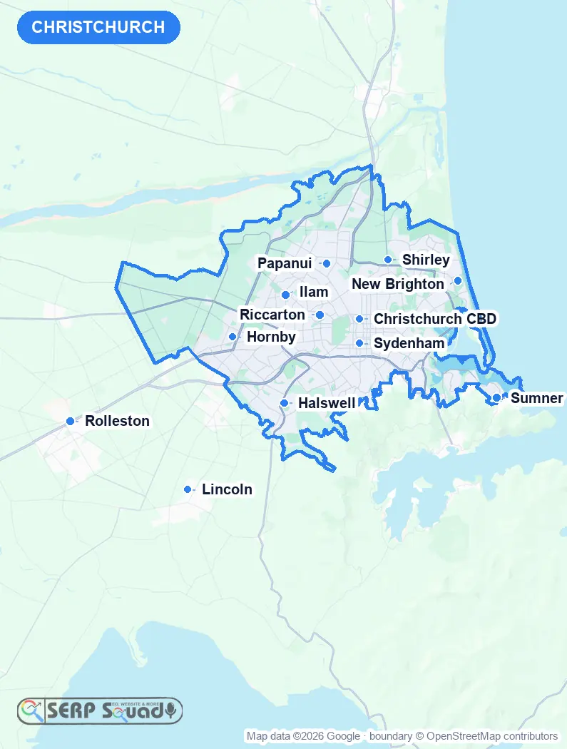 Map of Christchurch, New Zealand, marking the 12 cities where we run local SEO campaigns